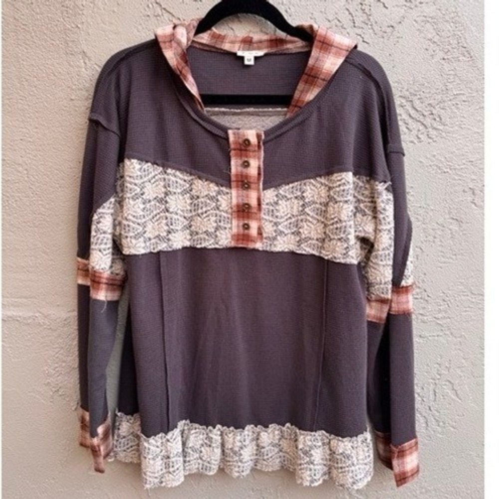 POL Womens Hoodie Waffle Knit Plaid Lace Boho Shabby Chic Rustic Cottagecore